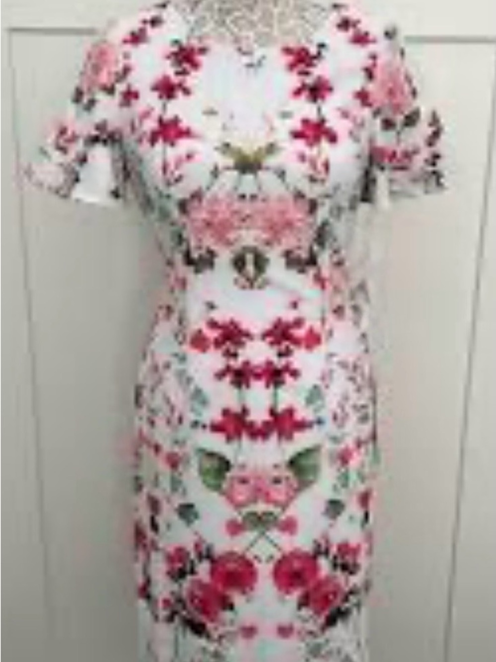 Adrianna Papell Mirrored Floral Crepe Sheath Dress Floral White with Pink Bloom